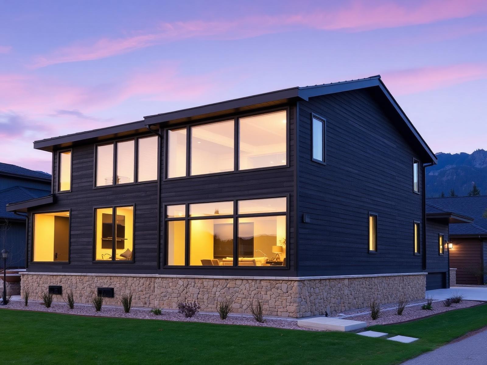 Modern custom home exterior at twilight